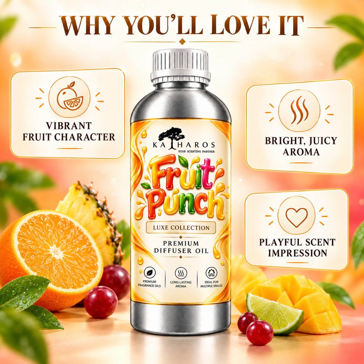Katharos Fruit Punch Luxe fragrance oil, 1 L bottle and fragrance character highlights.