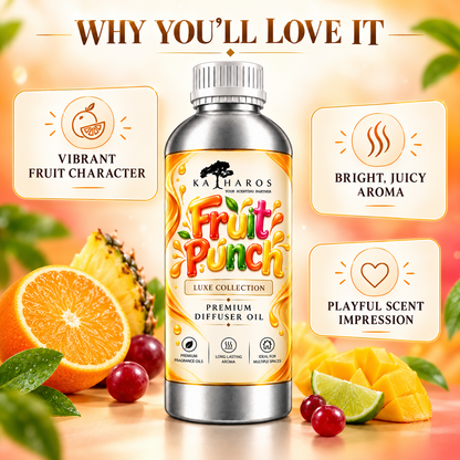 Katharos Fruit Punch Luxe fragrance oil, 1 L bottle and fragrance character highlights.