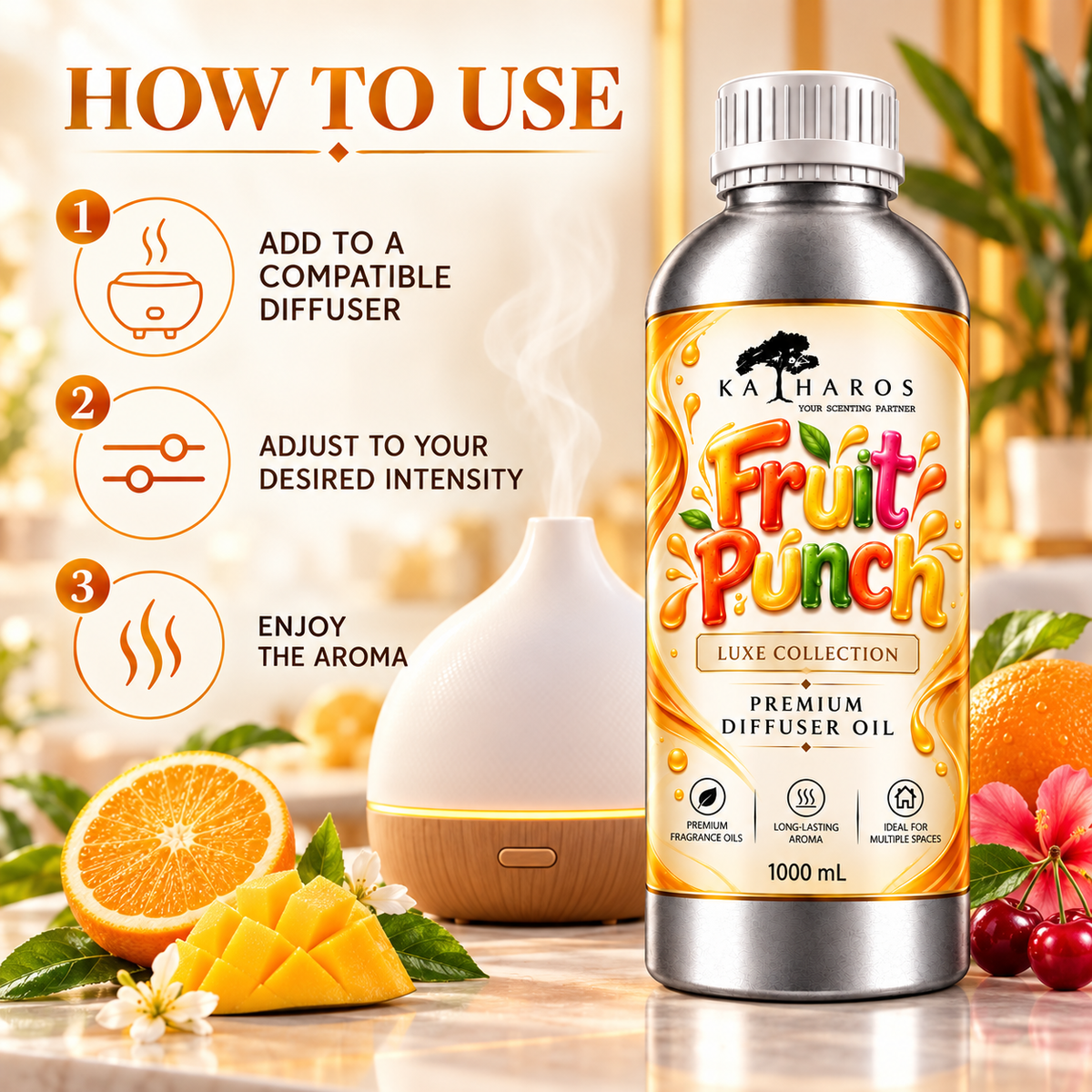 Katharos Fruit Punch Luxe fragrance oil, instructions for use in a compatible diffuser.