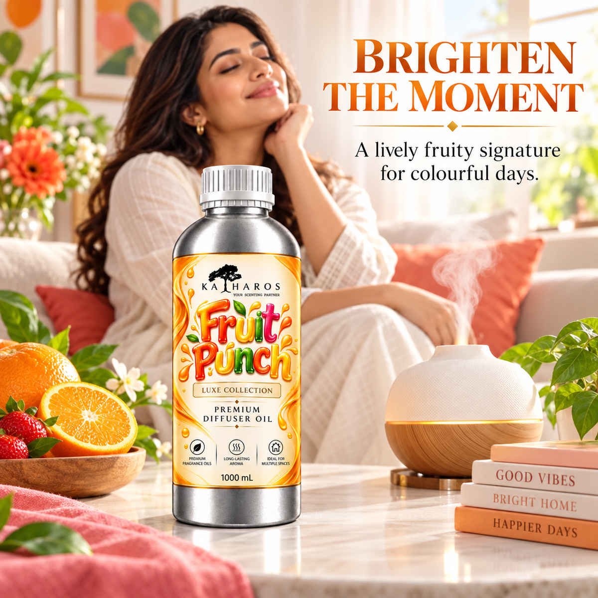Katharos Fruit Punch Luxe fragrance oil, 1 L bottle in a styled home setting with a diffuser.