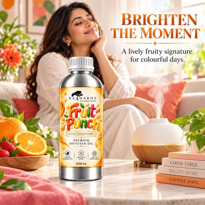 Katharos Fruit Punch Luxe fragrance oil, 1 L bottle in a styled home setting with a diffuser.