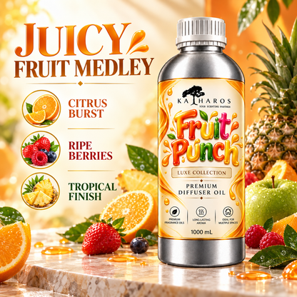 Katharos Fruit Punch Luxe fragrance oil, 1 L bottle with citrus, berries and tropical fruit scent notes.