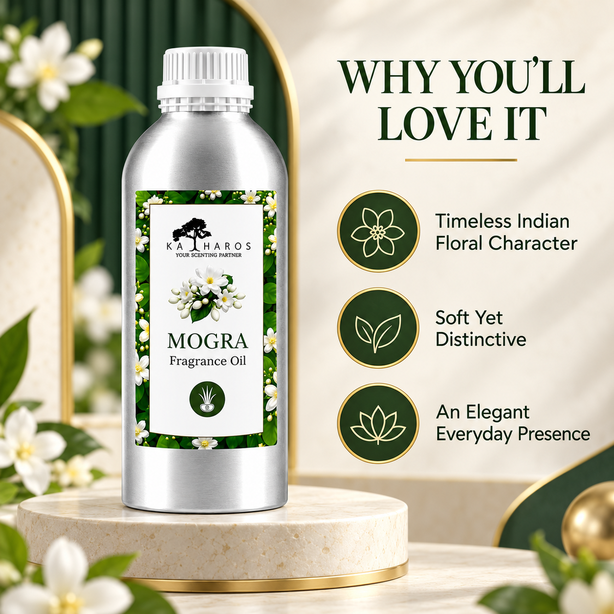 Katharos Mogra Fragrance Oil, 1 L bottle with fragrance character illustrations.