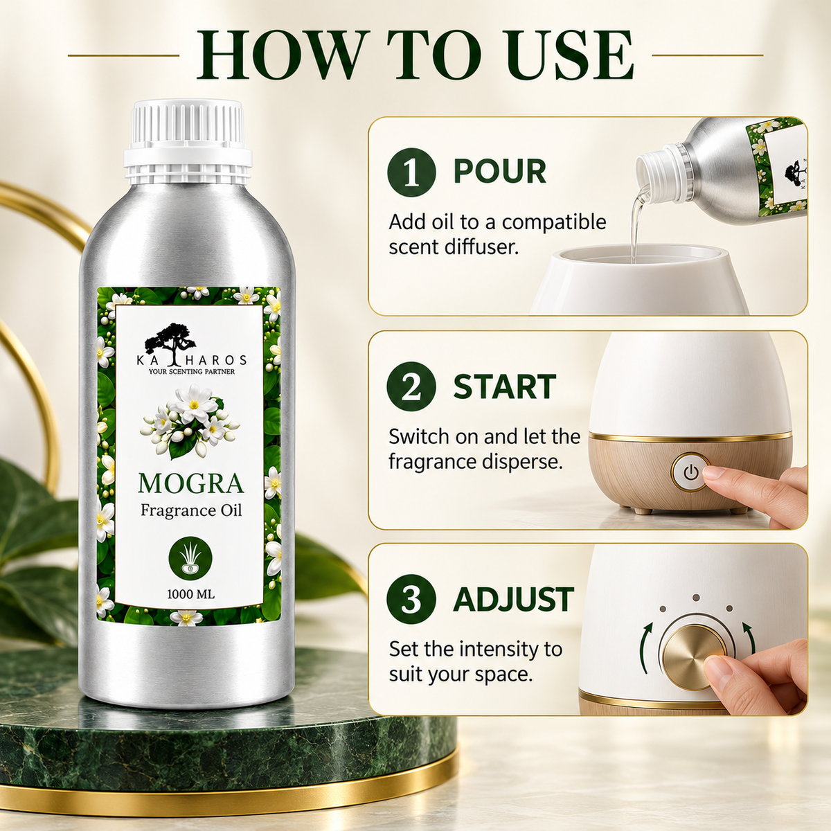 Katharos Mogra Fragrance Oil, 1 L bottle with instructions for use in a compatible aroma diffuser.