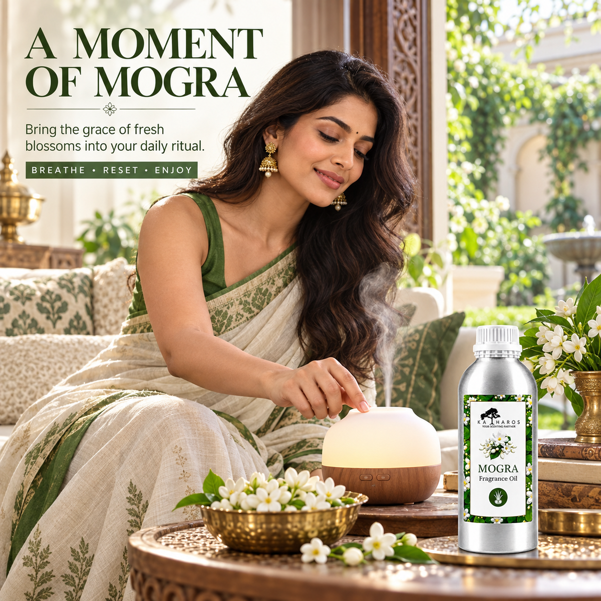 Katharos Mogra Fragrance Oil, 1 L fragrance oil bottle shown beside an aroma diffuser in a home setting.