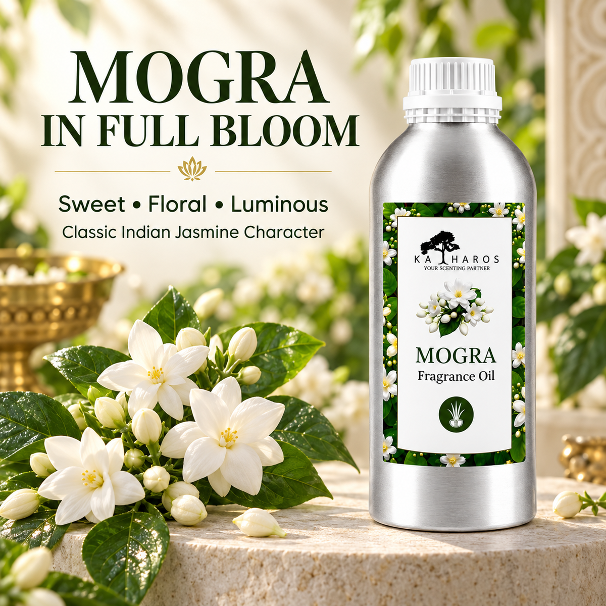 Katharos Mogra Fragrance Oil, 1 L bottle with a visual description of its scent.