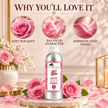 Katharos Rose Fragrance Oil, 1 L bottle with fragrance character illustrations.