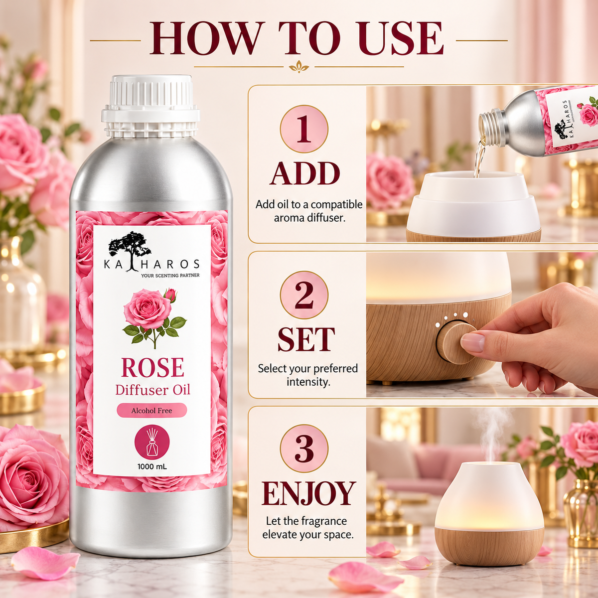 Katharos Rose Fragrance Oil, 1 L bottle with instructions for use in a compatible aroma diffuser.