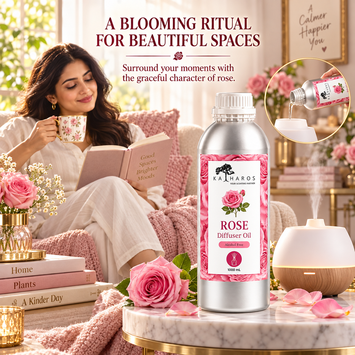 Katharos Rose Fragrance Oil, 1 L fragrance oil bottle shown beside an aroma diffuser in a home setting.
