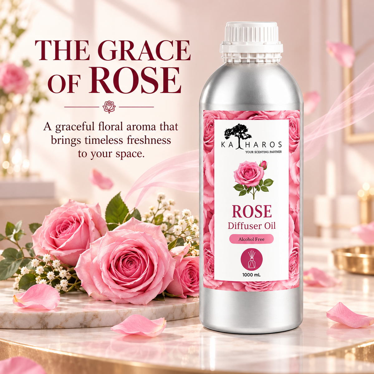 Katharos Rose Fragrance Oil, 1 L bottle with a visual description of its scent.