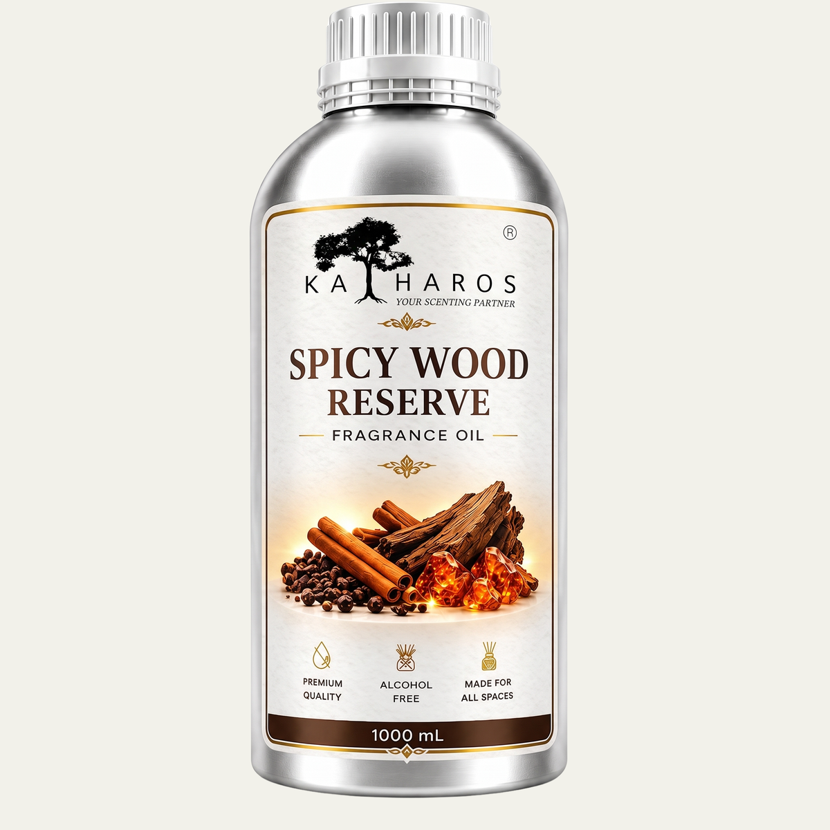 Katharos Spicy Wood Reserve Fragrance Oil, 1 L bottle on a light background.
