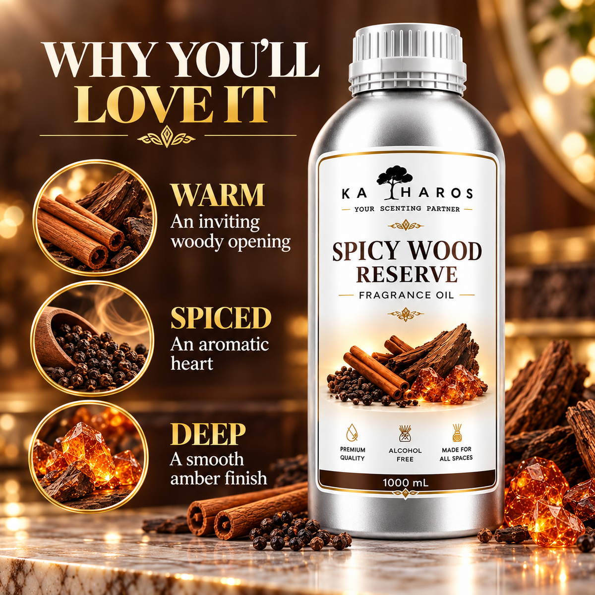 Katharos Spicy Wood Reserve Fragrance Oil, 1 L bottle with fragrance character illustrations.