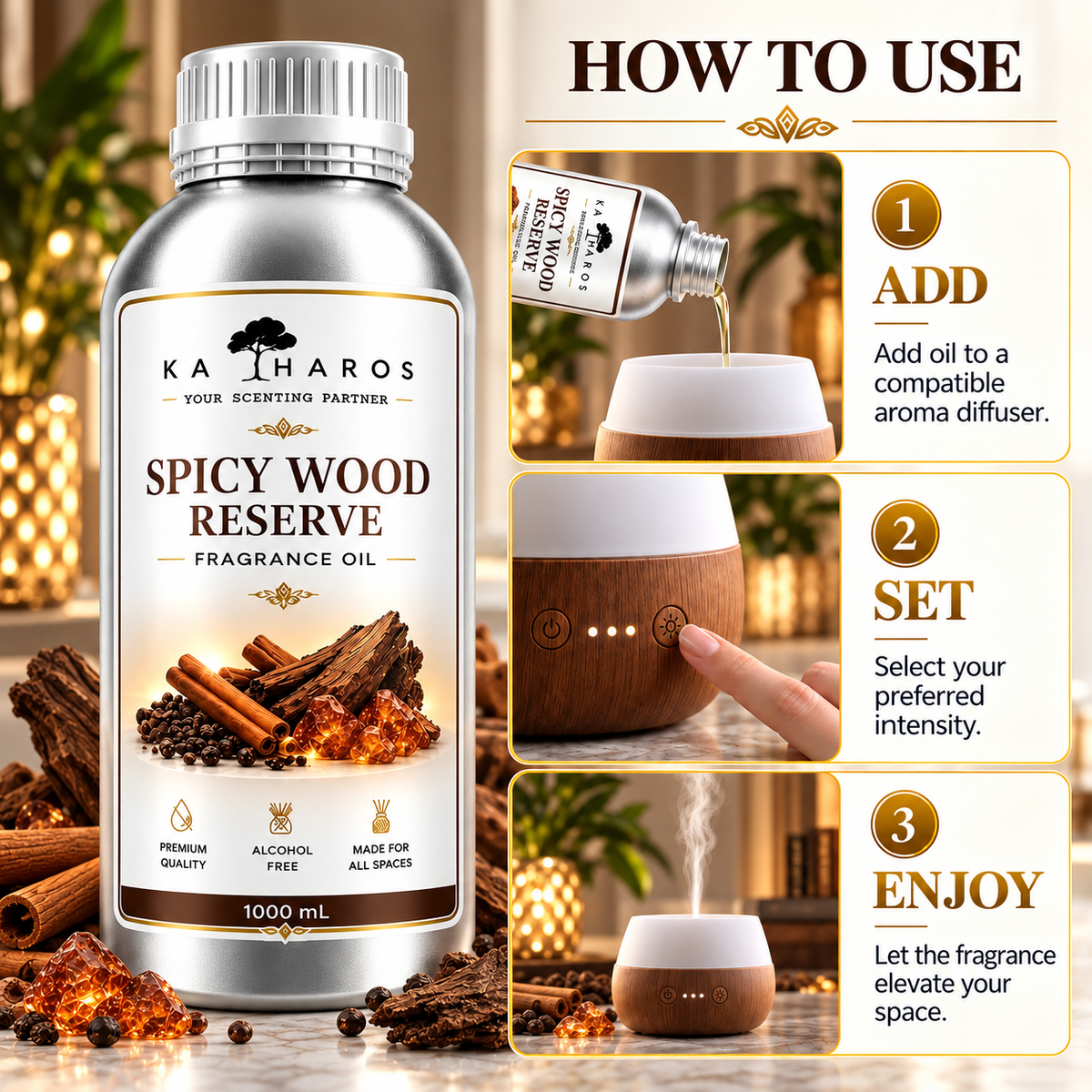 Katharos Spicy Wood Reserve Fragrance Oil, 1 L bottle with instructions for use in a compatible aroma diffuser.