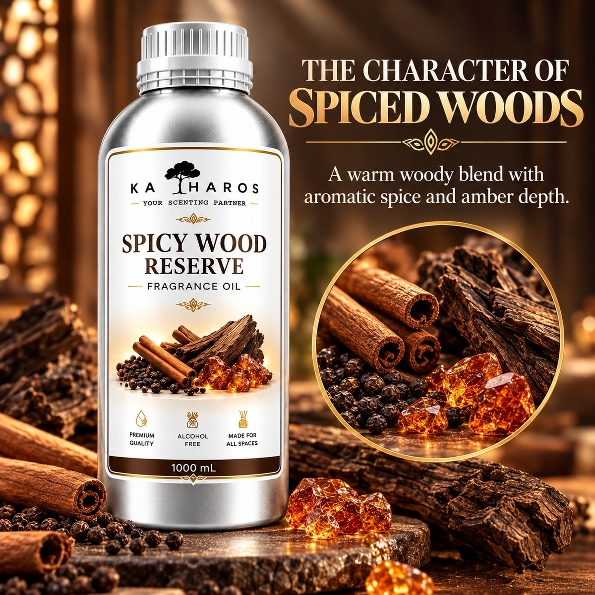 Katharos Spicy Wood Reserve Fragrance Oil, 1 L bottle with a visual description of its scent.