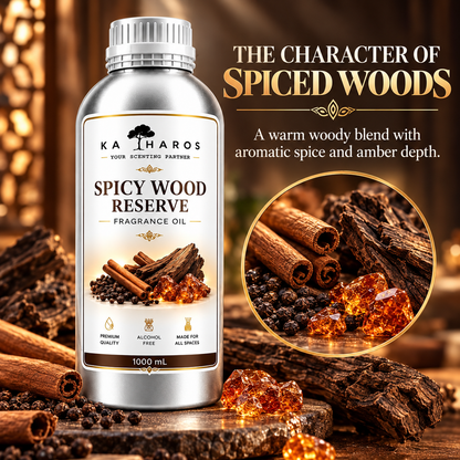 Katharos Spicy Wood Reserve Fragrance Oil, 1 L bottle with a visual description of its scent.