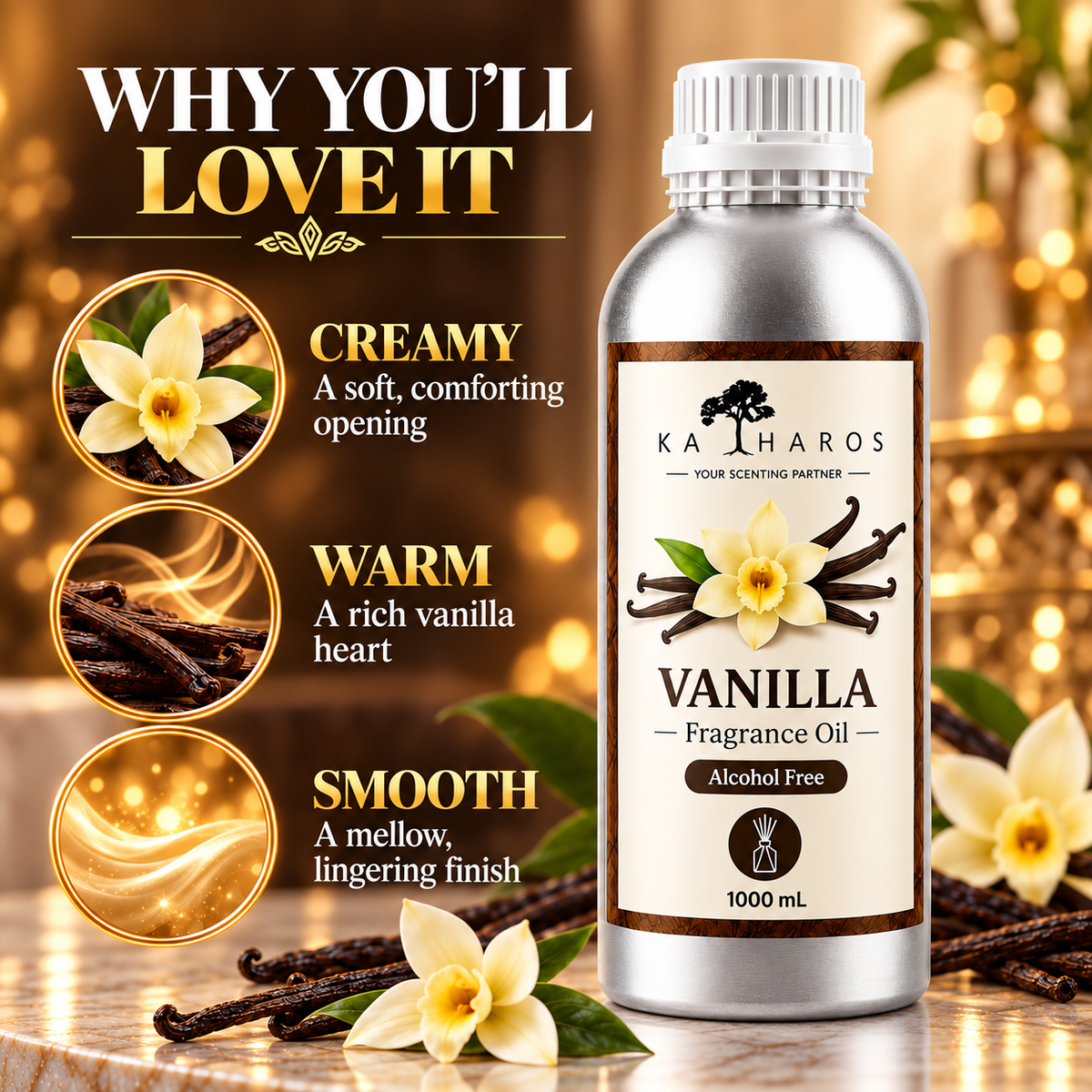 Katharos Vanilla Fragrance Oil, 1 L bottle with fragrance character illustrations.