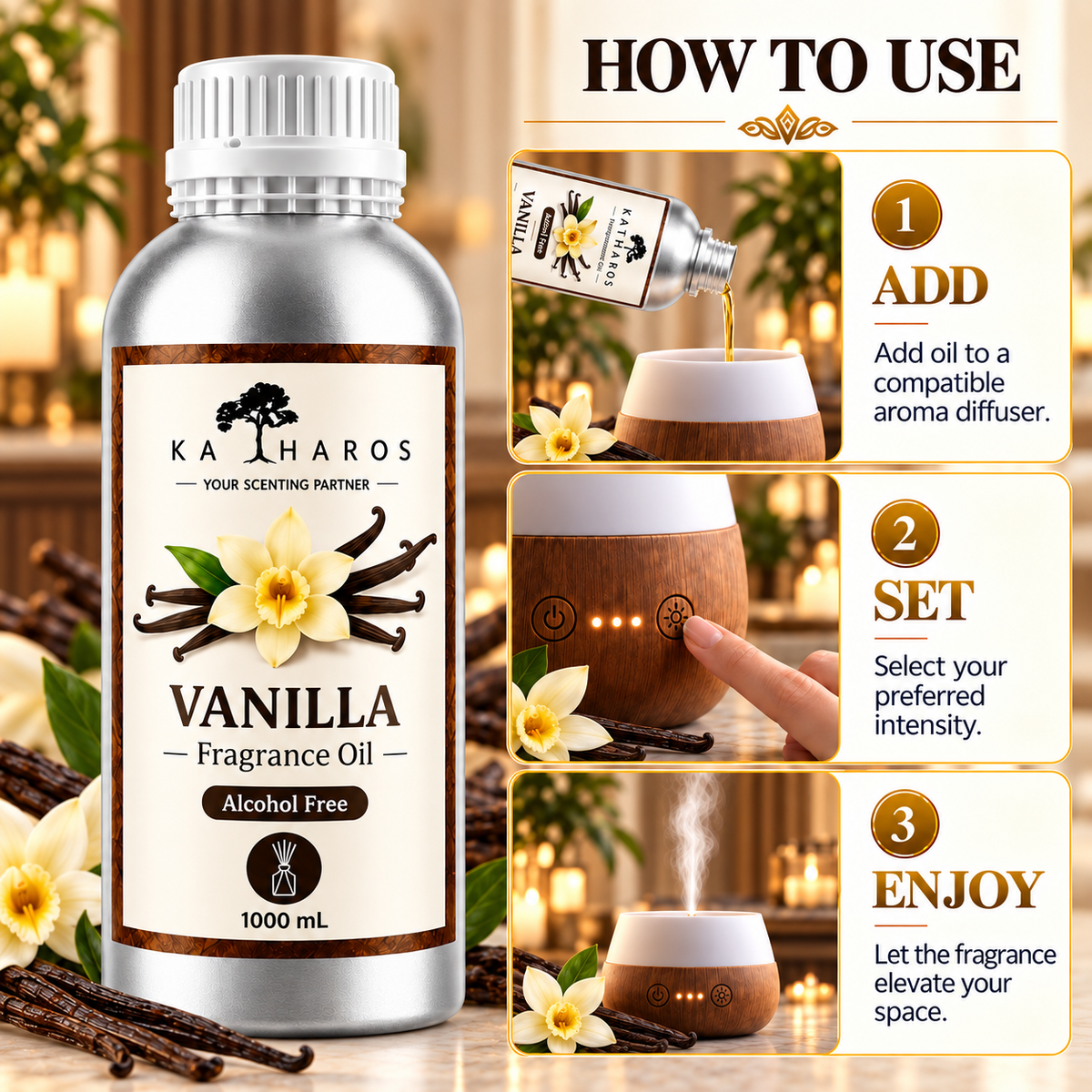 Katharos Vanilla Fragrance Oil, 1 L bottle with instructions for use in a compatible aroma diffuser.