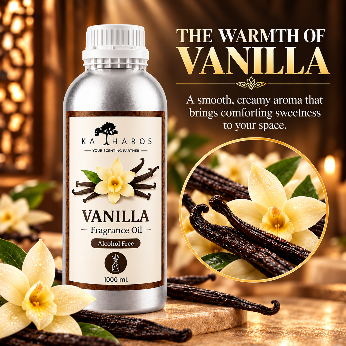 Katharos Vanilla Fragrance Oil, 1 L bottle with a visual description of its scent.
