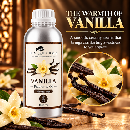 Katharos Vanilla Fragrance Oil, 1 L bottle with a visual description of its scent.