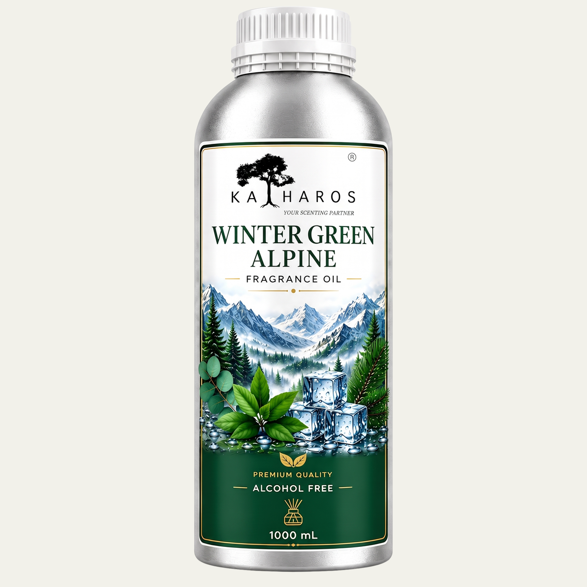 Katharos Wintergreen Fragrance Oil, 1 L bottle on a light background.
