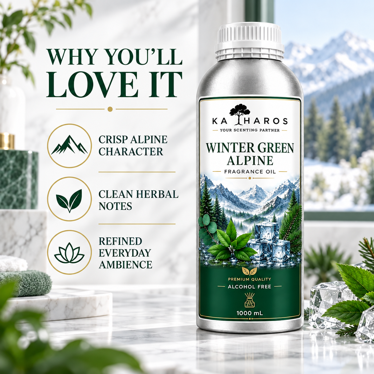 Katharos Wintergreen Fragrance Oil, 1 L bottle with fragrance character illustrations.