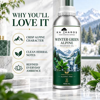 Katharos Wintergreen Fragrance Oil, 1 L bottle with fragrance character illustrations.