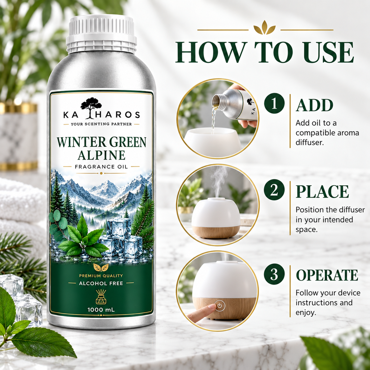 Katharos Wintergreen Fragrance Oil, 1 L bottle with instructions for use in a compatible aroma diffuser.