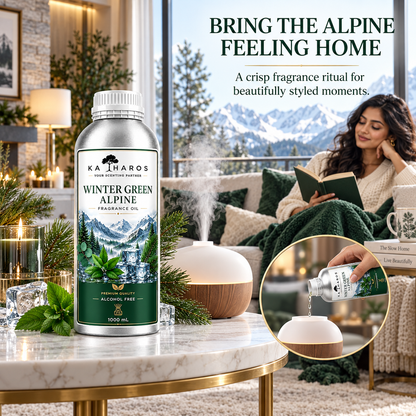 Katharos Wintergreen Fragrance Oil, 1 L fragrance oil bottle shown beside an aroma diffuser in a home setting.