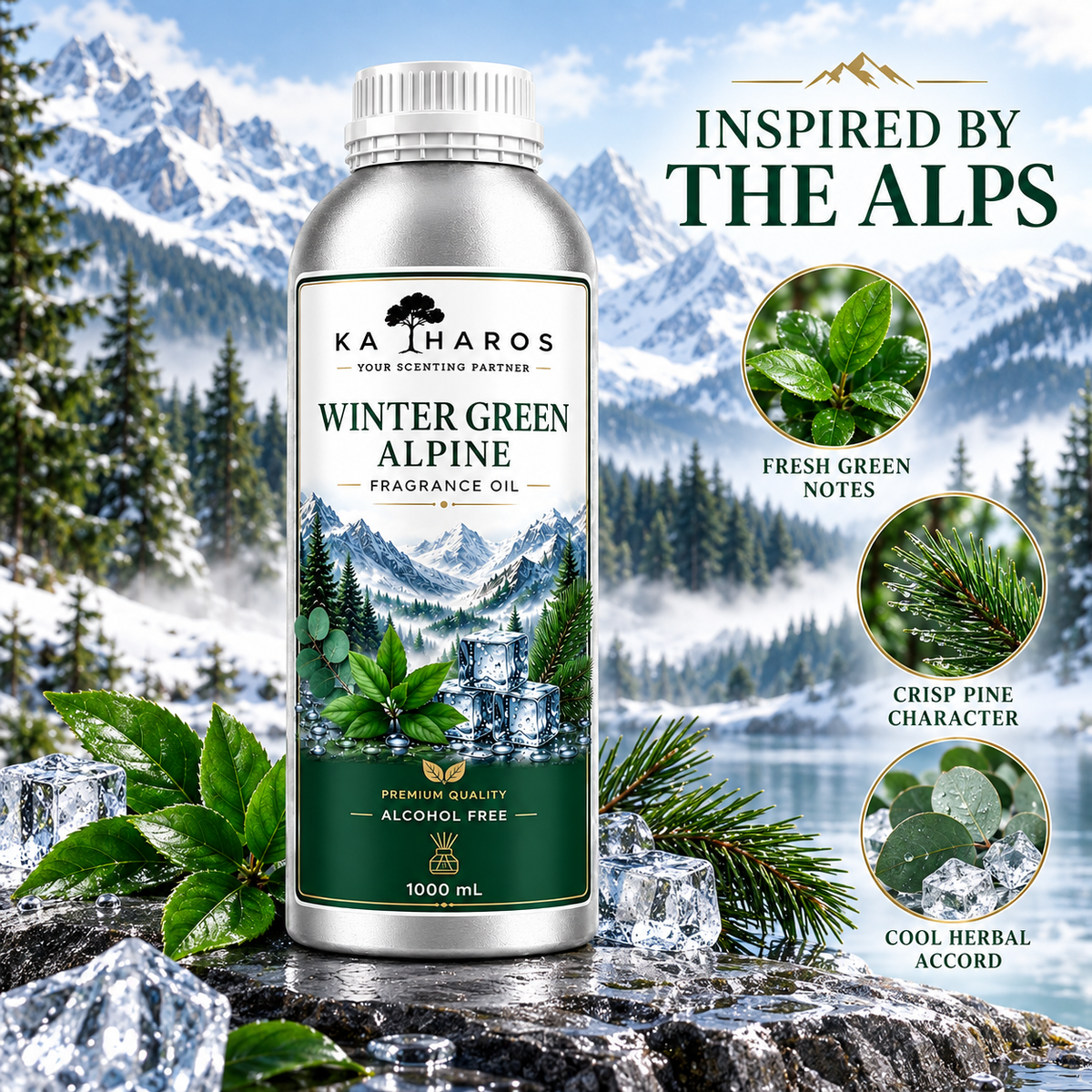 Katharos Wintergreen Fragrance Oil, 1 L bottle with a visual description of its scent.